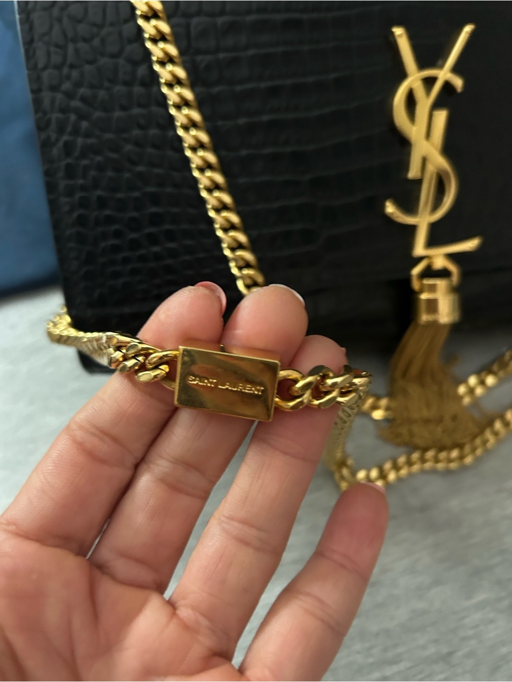 Saint Laurent Black Croc-Embossed Tassel Monogram Chain Crossbody - Picture 3 of 7